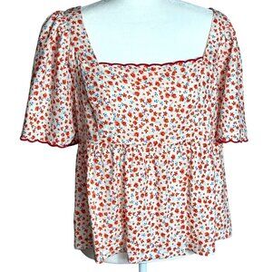 Old Navy Top Ditzy Floral Red Flutter Slv Square Neck Boho Babydoll Womens L
